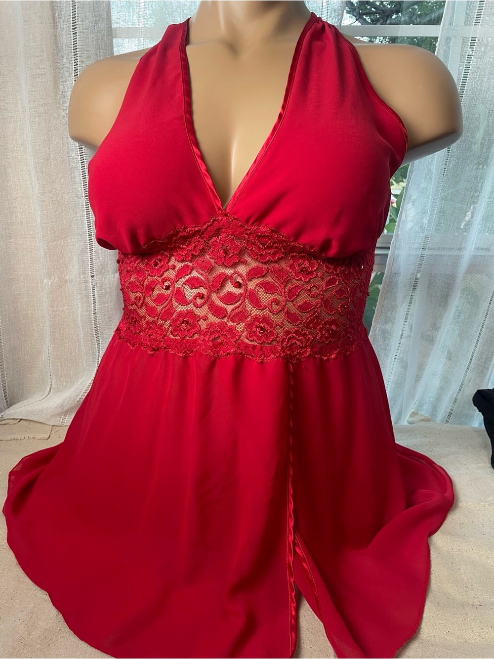 Cato Red Lace-Waist Halter Chemise